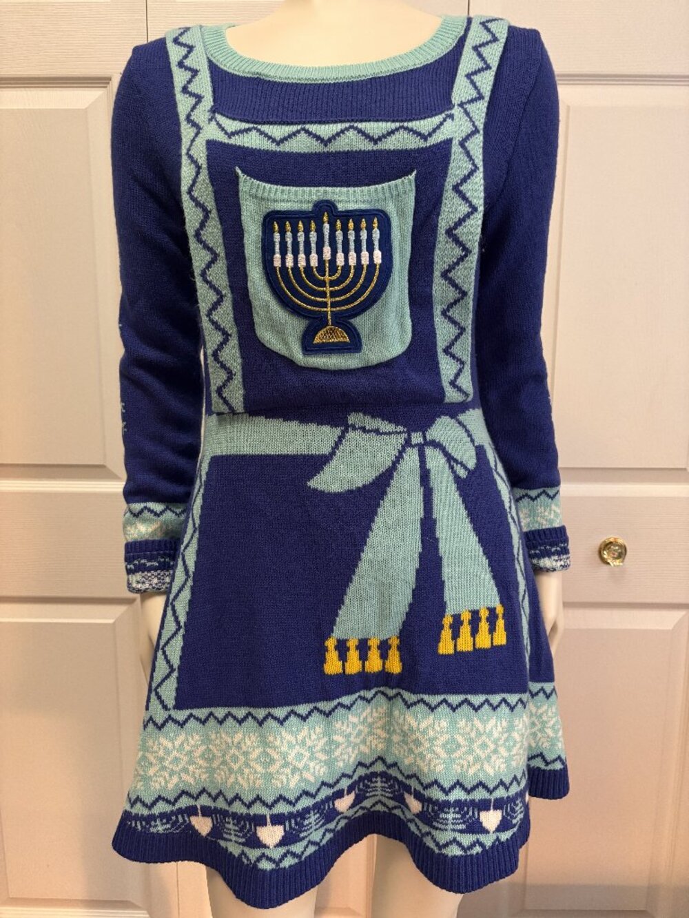 Born Famously Hanukkah Sweater Dress XS Blue Menorah Dreidel Fair Isle Knit